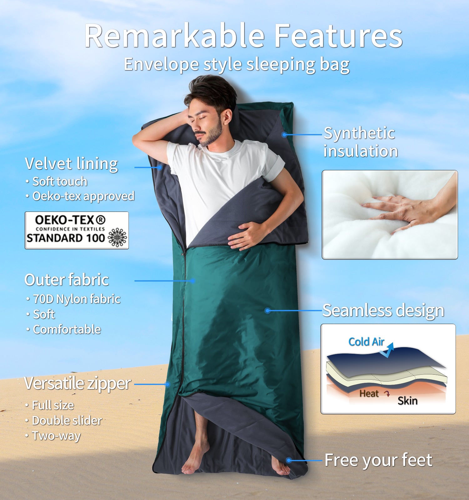 C056] Ultra Compact Summer Sleeping bag with Velvet lined