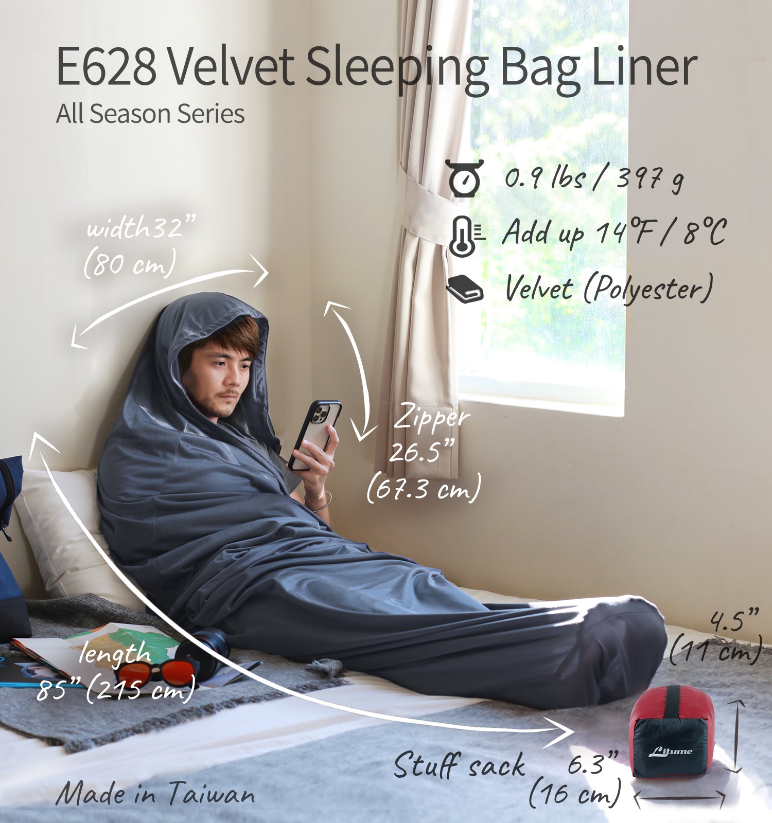 Litume - Velvet Fleece Sleeping Bag Liner Add Up to 14°F / 8°C