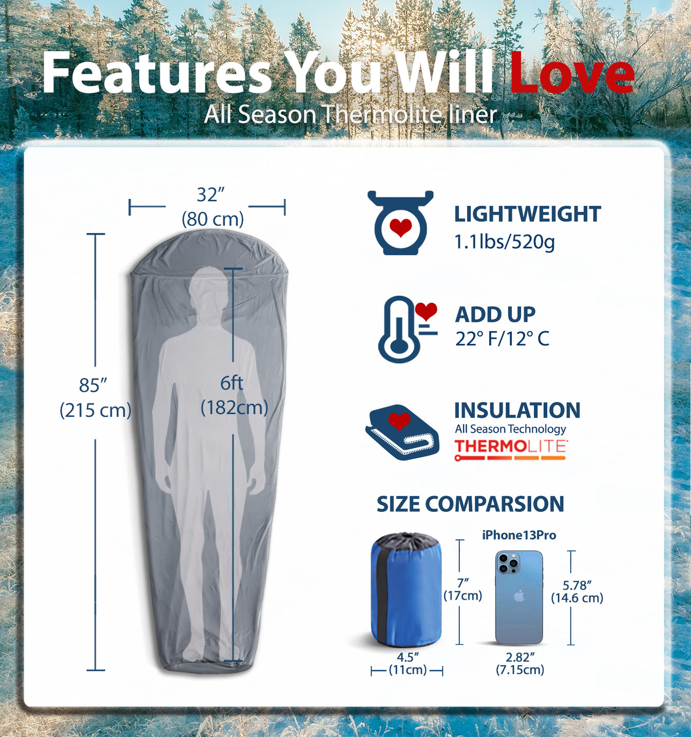 Litume Thermolite All Season Sleeping Bag Liner Add Up to 22°F / 12°C